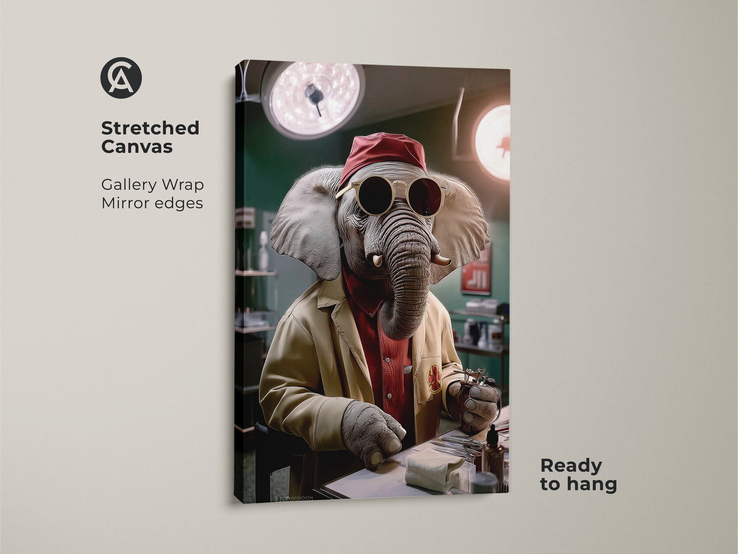 Stretched canvas gallery wrap showcasing surreal elephant doctor art. The animal doctor canvas print is ready to hang. The art features an elephant dressed as a doctor. This surgical tools artwork is great funny medical office decor. It's an unique animal portrait art piece in beige red and teal.