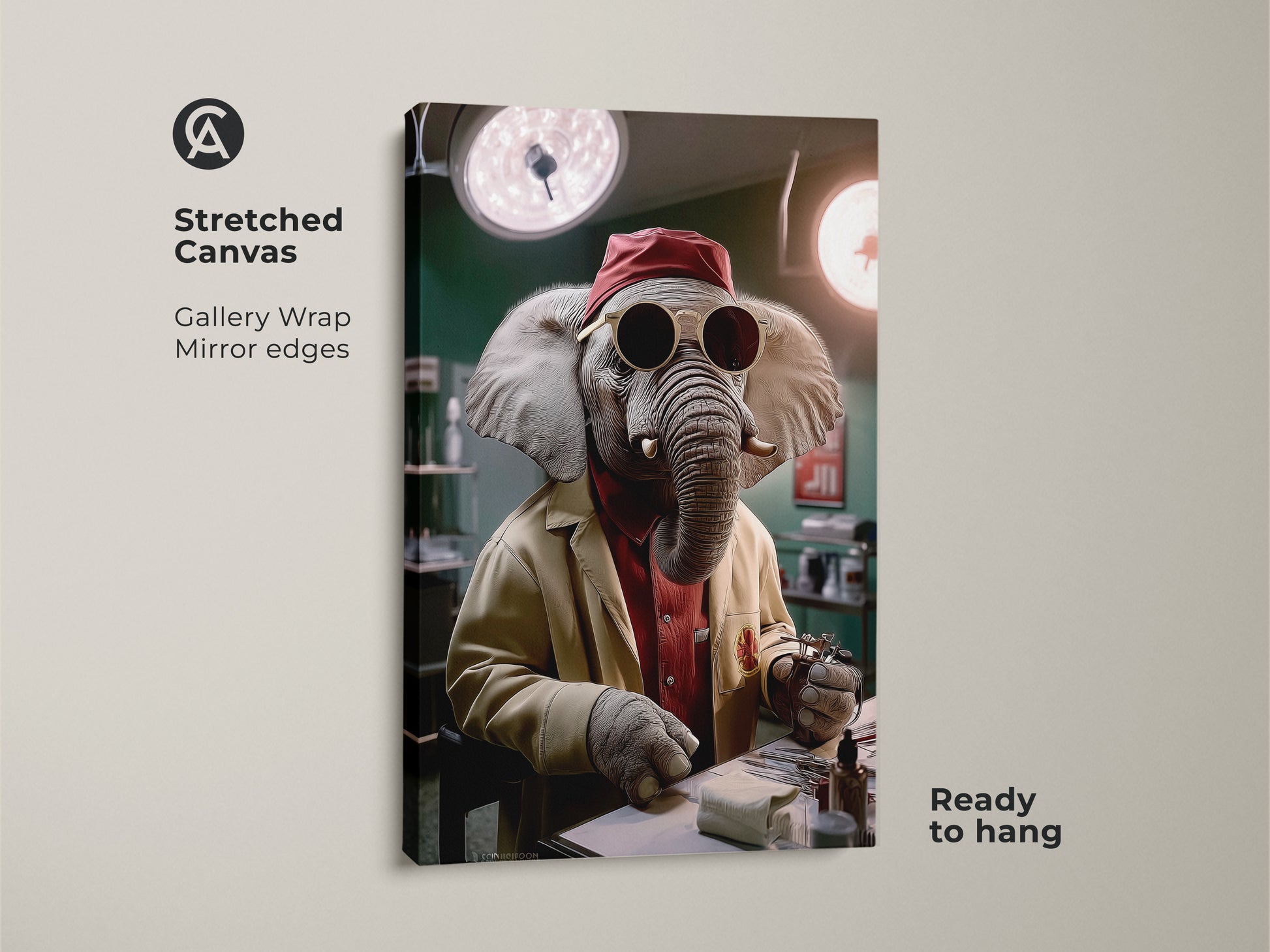 Stretched canvas gallery wrap showcasing surreal elephant doctor art. The animal doctor canvas print is ready to hang. The art features an elephant dressed as a doctor. This surgical tools artwork is great funny medical office decor. It's an unique animal portrait art piece in beige red and teal.