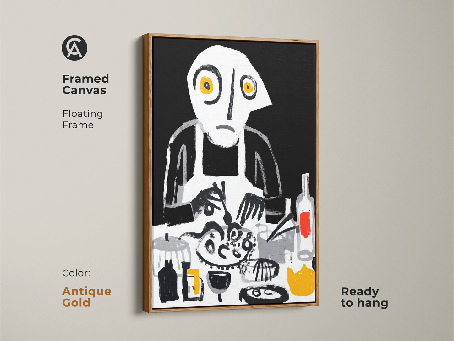 A framed canvas featuring abstract chef wall art with a floating frame in antique gold. Unique dining room decor showcases a surreal cooking scene. Eclectic kitchen art uses bold brushstrokes in black white and yellow. The art is ready to hang.