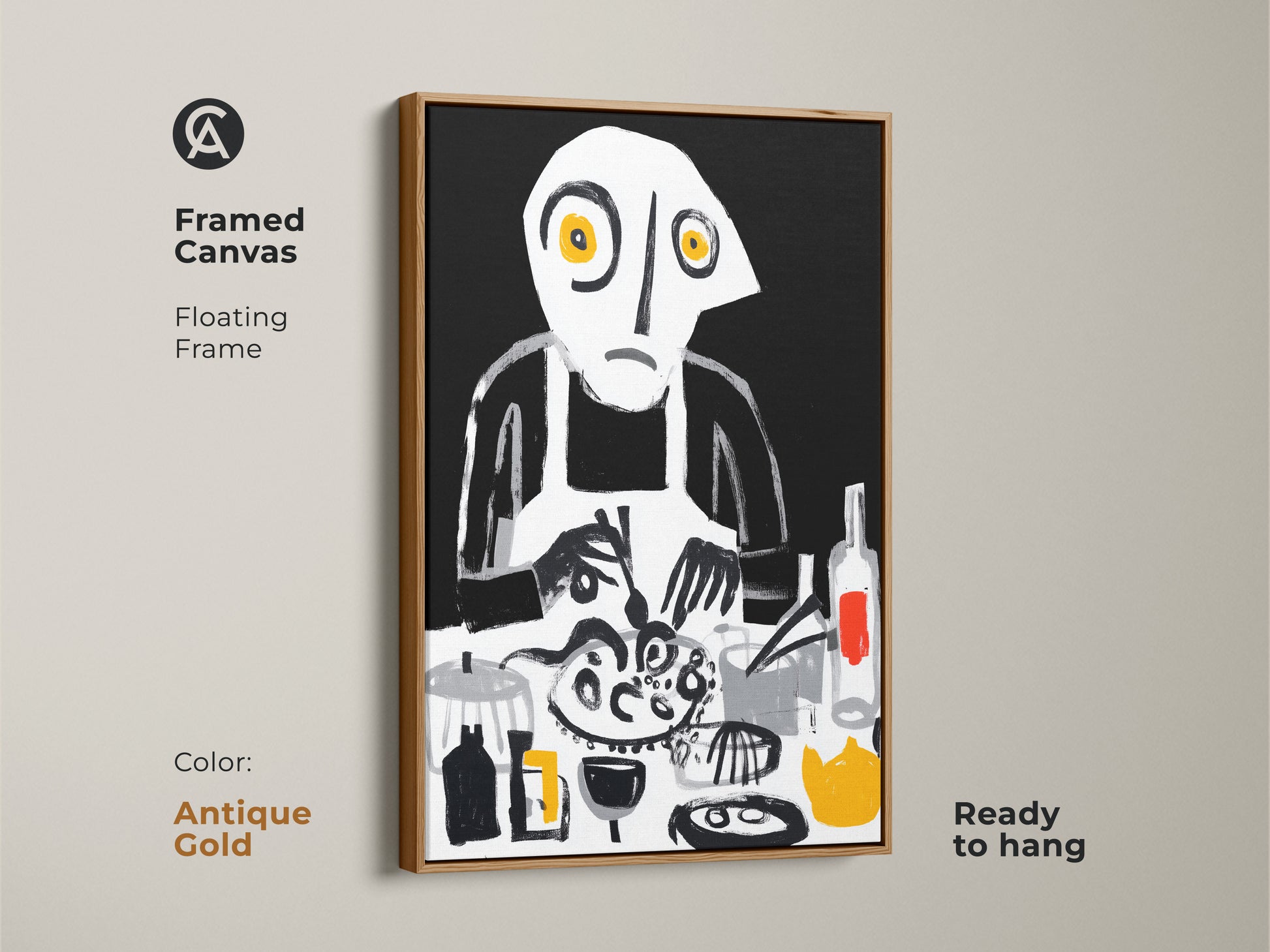 A framed canvas featuring abstract chef wall art with a floating frame in antique gold. Unique dining room decor showcases a surreal cooking scene. Eclectic kitchen art uses bold brushstrokes in black white and yellow. The art is ready to hang.