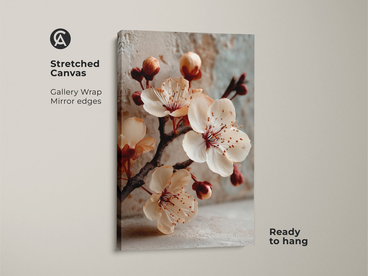 Stretched canvas featuring a cherry blossom floral print with gallery wrap and mirror edges. Ready to hang botanical art for bedroom decor. A modern spring bloom.