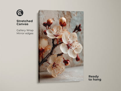 Stretched canvas featuring a cherry blossom floral print with gallery wrap and mirror edges. Ready to hang botanical art for bedroom decor. A modern spring bloom.