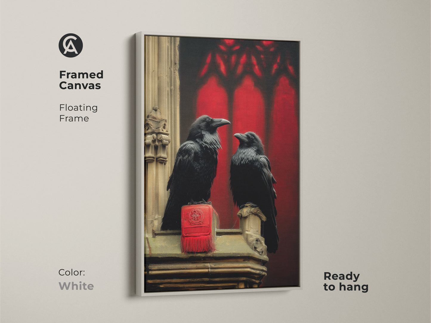 Framed Canvas displaying Gothic Arch Raven with a white floating frame. This dark academia canvas print has raven bird wall hanging is ready to hang. This bird lover gift idea suits many