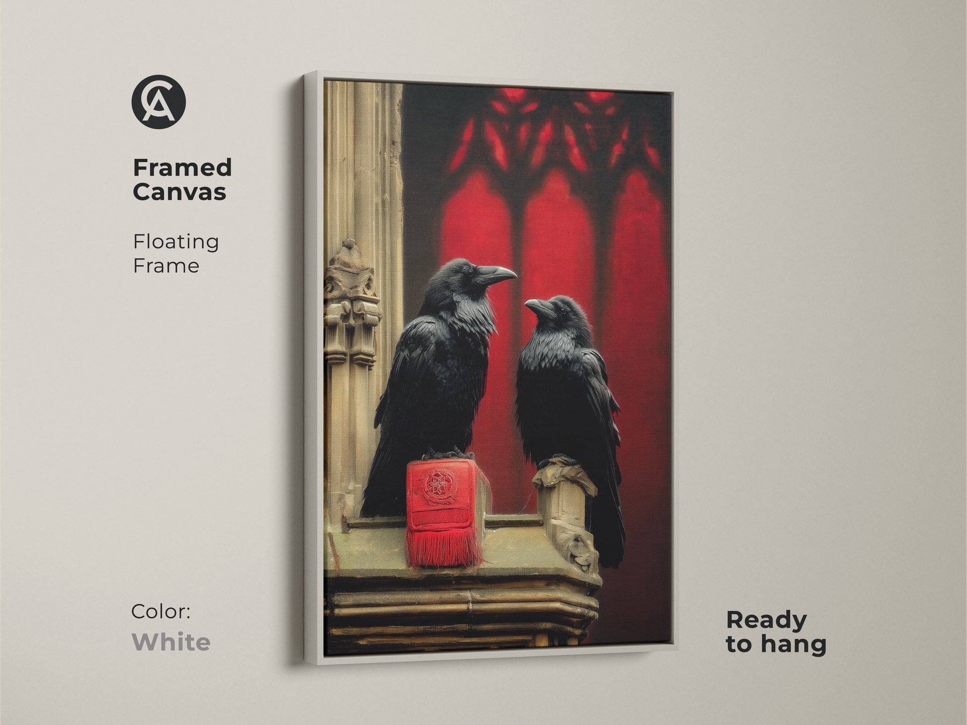 Framed Canvas displaying Gothic Arch Raven with a white floating frame. This dark academia canvas print has raven bird wall hanging is ready to hang. This bird lover gift idea suits many