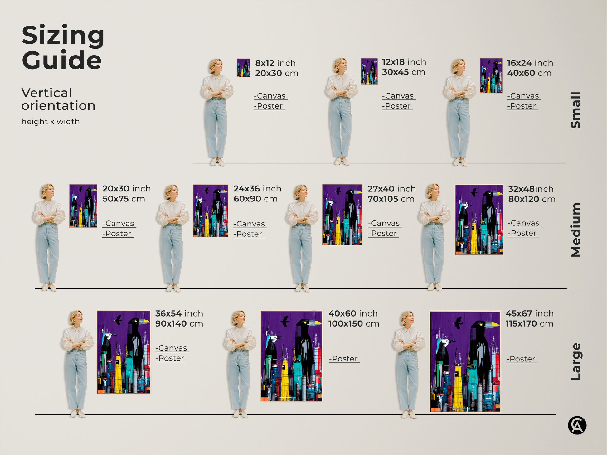 A sizing guide displays a surreal crow cityscape art print in various vertical sizes. Sizes include small medium and large canvas and poster options. Shown in inches and centimeters. The artwork is displayed next to a person to show scale. The surreal purple and teal wall artwork is visible.