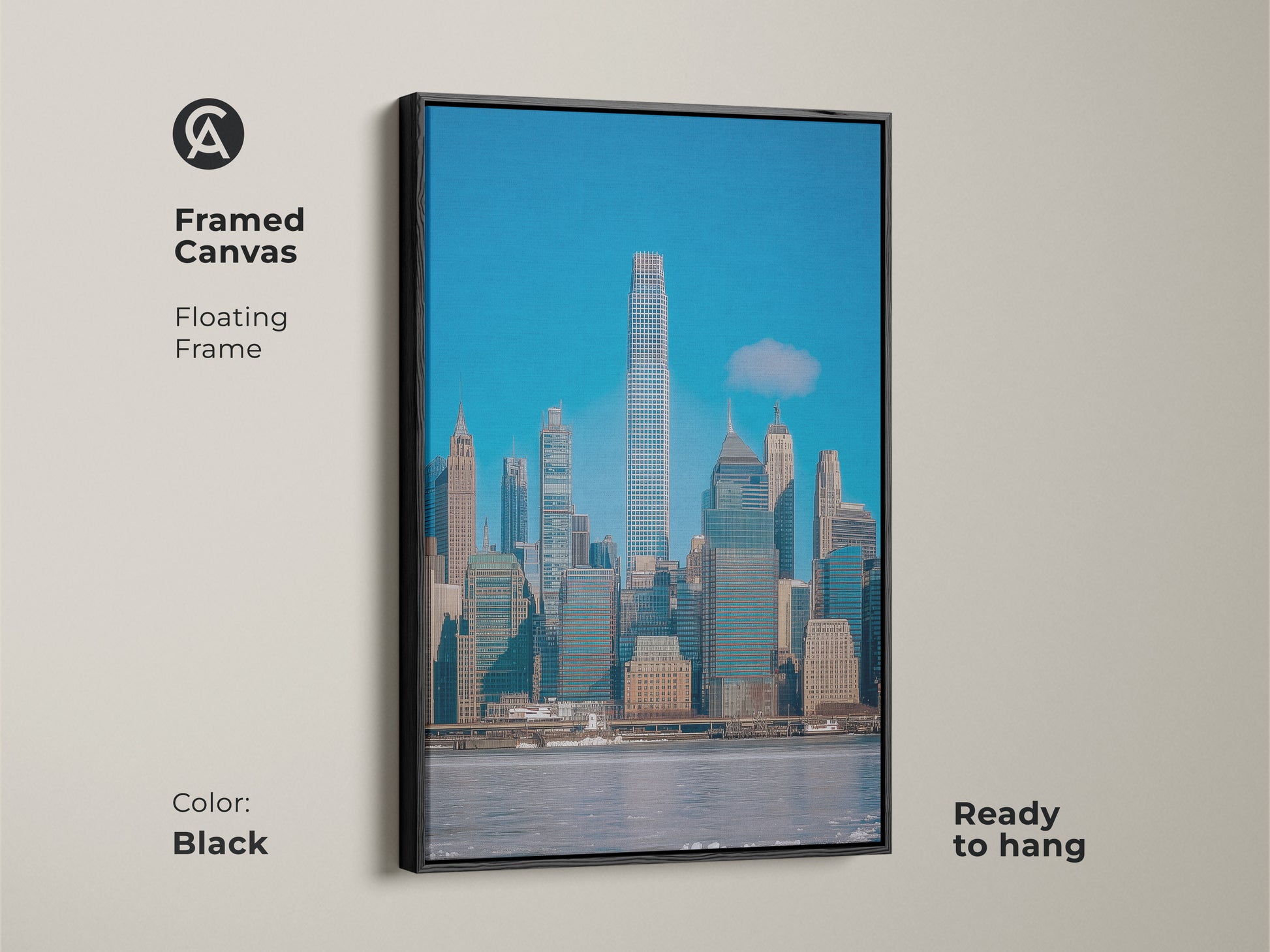 Framed canvas art of the New York City skyline in a black floating frame. This contemporary office decor features a modern blue gray wall art. Ready to hang architectural skyline art. Perfect urban city art print for adding sophistication.