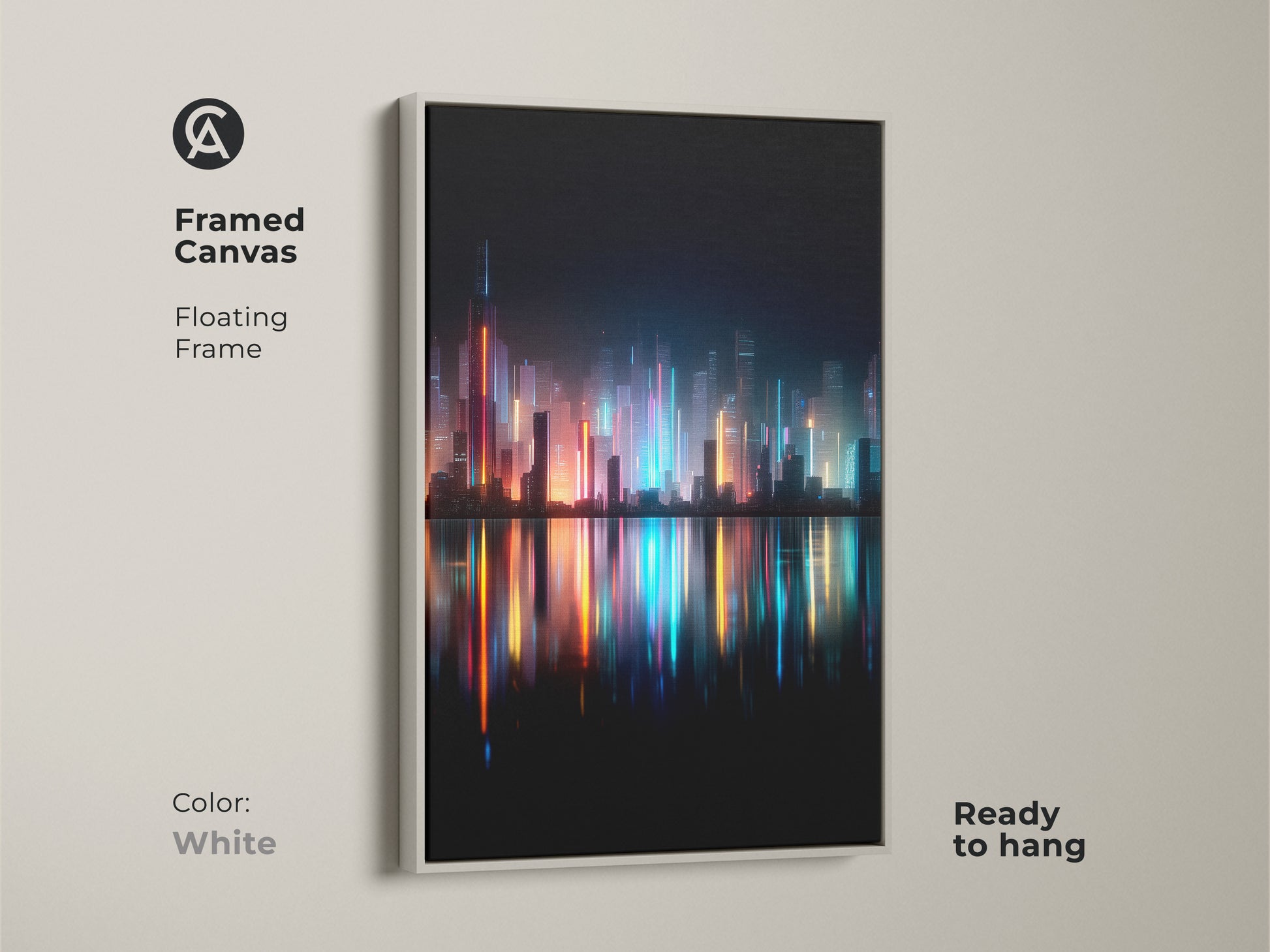 Framed canvas art featuring a night skyline. The floating frame is white. The artwork is ready to hang and enjoy. The vibrant city lights reflect beautifully in the water.