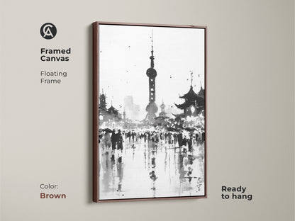 Framed canvas art print of the Shanghai skyline. Black and white artwork featuring the Oriental Pearl Tower. The floating frame is brown color. This canvas is ready to hang and enjoy.