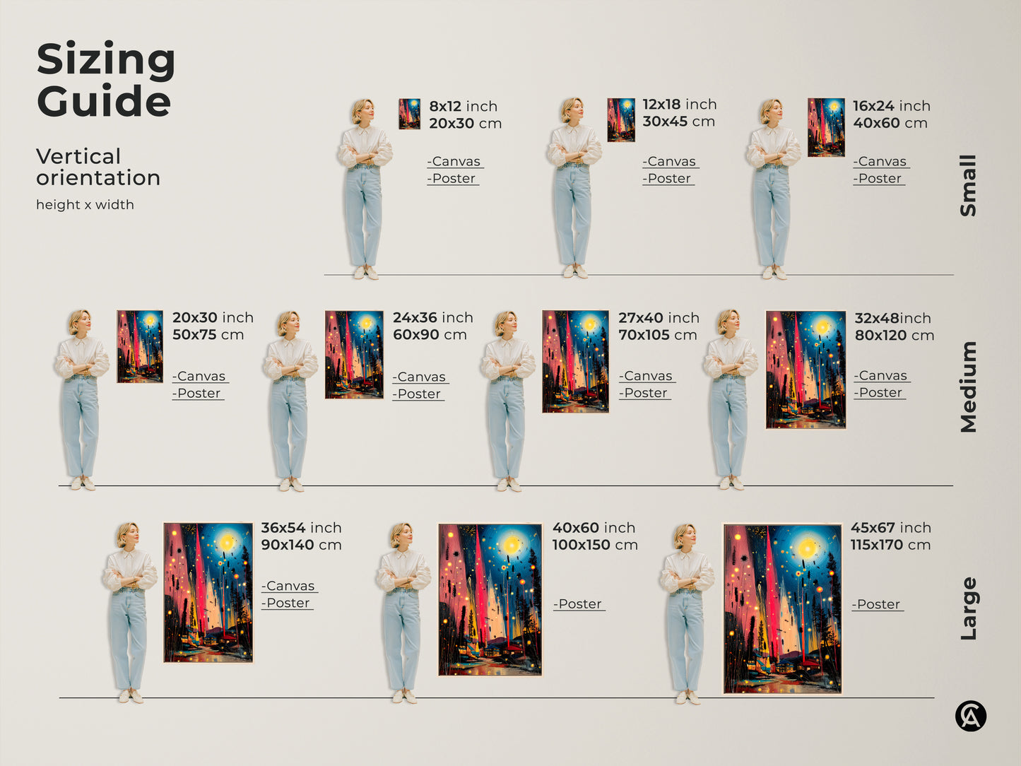 Sizing guide showcases an abstract teal and pink landscape art. The village night scene wall hanging is available in canvas and poster options. Various sizes are shown for vertical orientation.