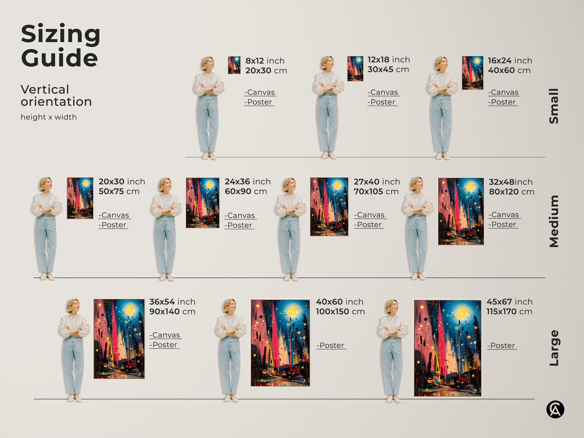 Sizing guide showcases an abstract teal and pink landscape art. The village night scene wall hanging is available in canvas and poster options. Various sizes are shown for vertical orientation.