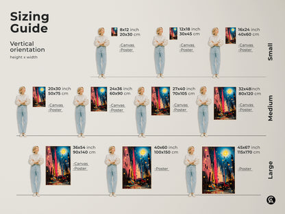 Sizing guide showcases an abstract teal and pink landscape art. The village night scene wall hanging is available in canvas and poster options. Various sizes are shown for vertical orientation.