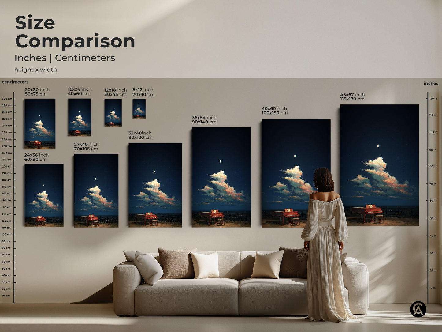 Compare sizes of this surreal piano canvas art in inches and centimeters. See how it looks above a sofa. Perfect for eclectic living rooms. The dreamy night sky artwork enhances any space. Find the ideal size for your unique music gift. Sizes range from small to large.