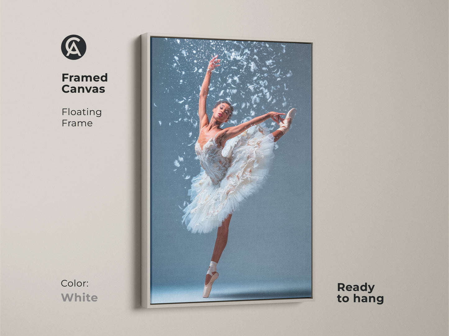 Framed canvas art featuring a ballerina. She is wearing a white tutu. She is en pointe with one leg extended. White feathers accent the artwork. The floating frame is white. This beautiful ballet art is ready to hang.