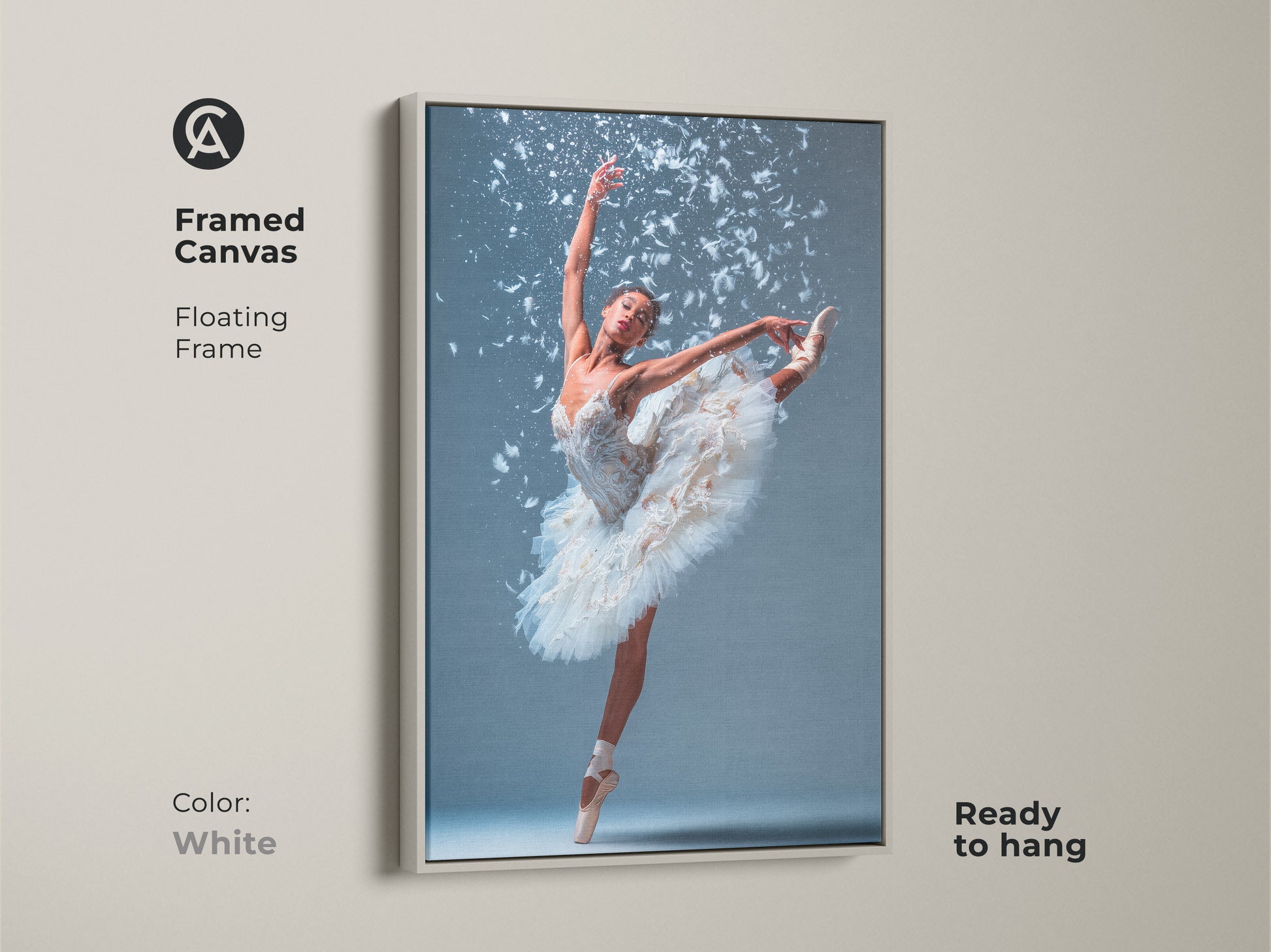 Framed canvas art featuring a ballerina. She is wearing a white tutu. She is en pointe with one leg extended. White feathers accent the artwork. The floating frame is white. This beautiful ballet art is ready to hang.