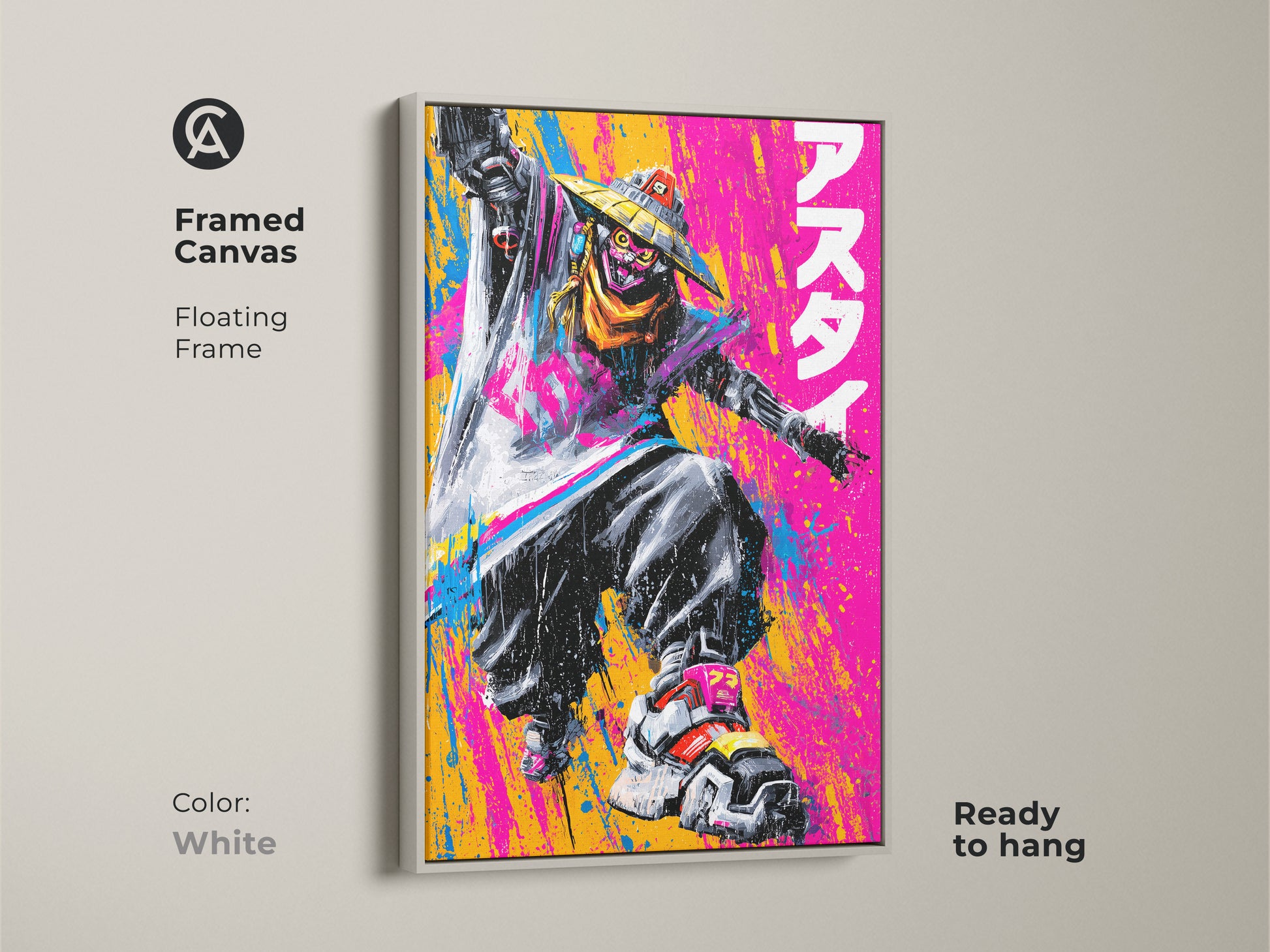 Framed canvas artwork with a floating frame in white. It features a figure in a straw hat ready to hang. The art's bold colors and dynamic artwork are perfect for adding a modern touch to your space.