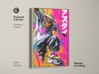 Framed canvas artwork with a floating frame in white. It features a figure in a straw hat ready to hang. The art's bold colors and dynamic artwork are perfect for adding a modern touch to your space.