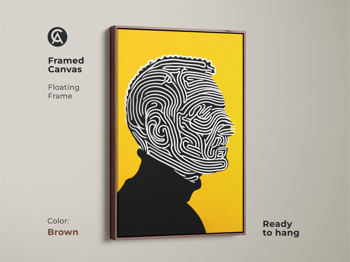Framed canvas art with a floating frame. The artwork features a black and white line art portrait. It is set against a yellow background. The frame is brown. This ready-to-hang artwork is perfect for adding a modern touch to your home decor.