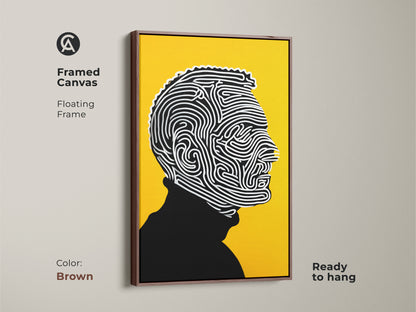 Framed canvas art with a floating frame. The artwork features a black and white line art portrait. It is set against a yellow background. The frame is brown. This ready-to-hang artwork is perfect for adding a modern touch to your home decor.