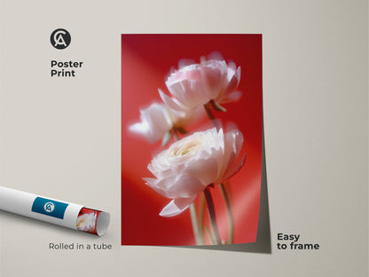 A poster print of ranunculus flowers rolled in a tube. The floral art is easy to frame. Museum-quality paper ensures lasting beauty. The soft white petals stand out against the red backdrop.