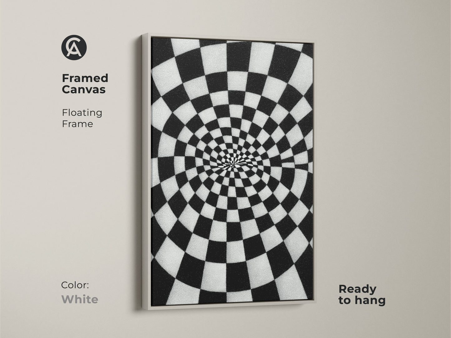 Framed Canvas Abstract Spiral Checkerboard artwork. A white floating frame surrounds the black and white Op Art Print. It is geometric wall decor for a hallway or office. This contemporary art is ready to hang.