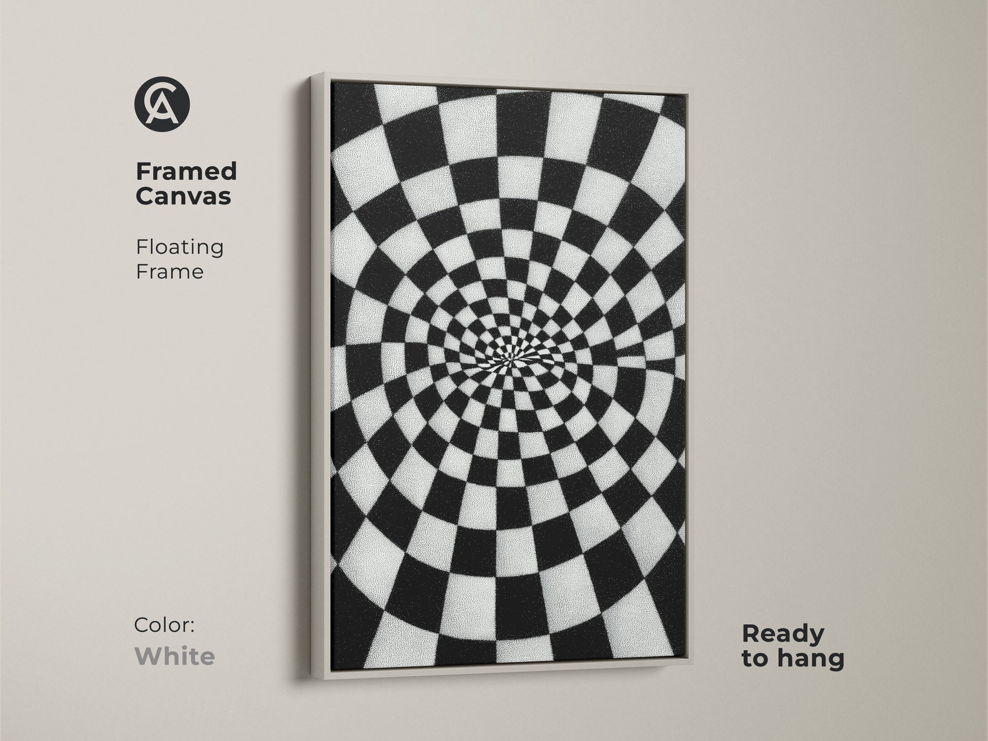 Framed Canvas Abstract Spiral Checkerboard artwork. A white floating frame surrounds the black and white Op Art Print. It is geometric wall decor for a hallway or office. This contemporary art is ready to hang.