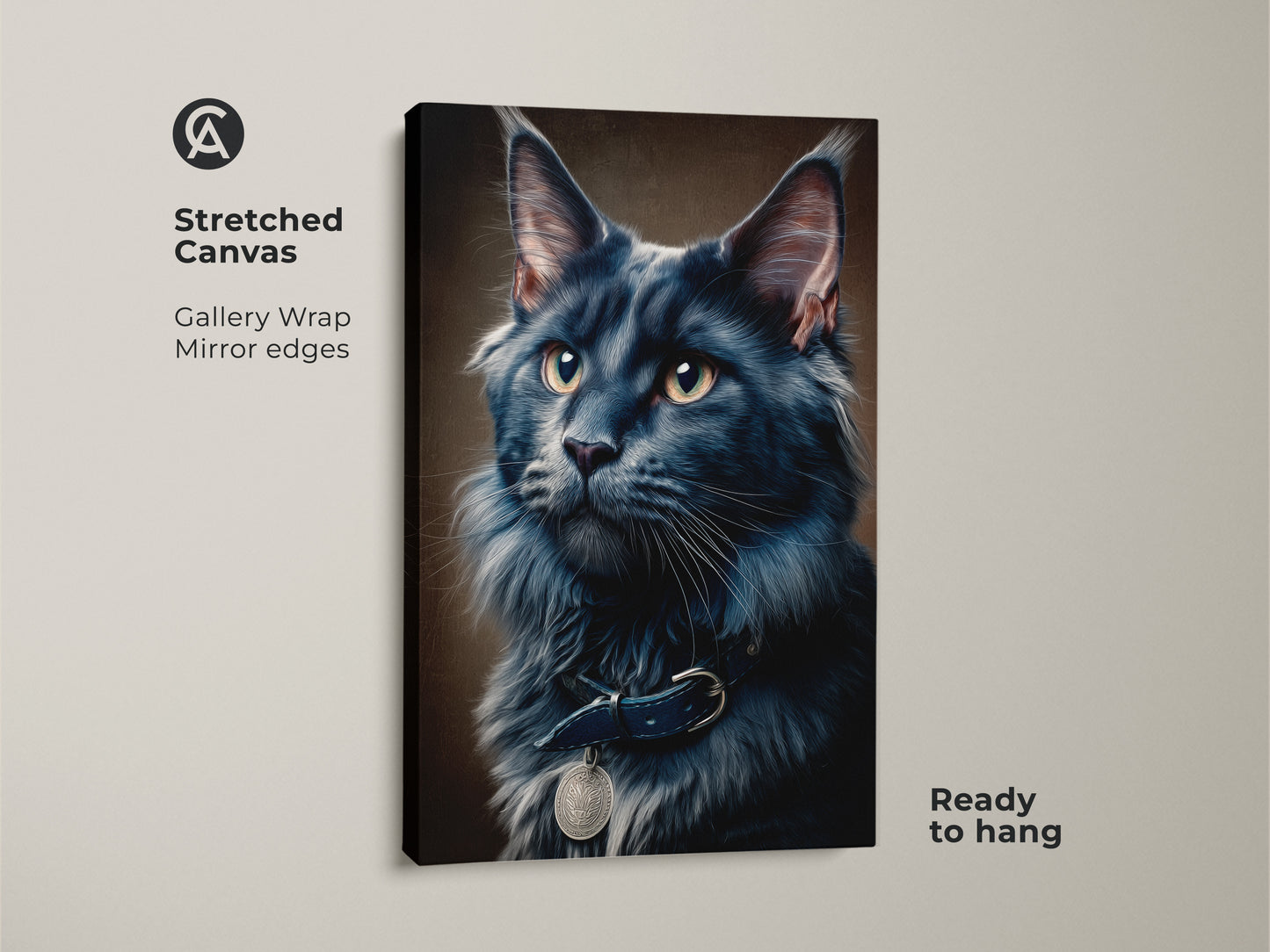 This is a stretched canvas gallery wrap featuring a dark gray Maine Coon cat. The realistic feline portrait is ready to hang. Its an ideal contemporary artwork for animal lovers. This fine art cat print brings sophistication to any room as a luxury pet portrait.