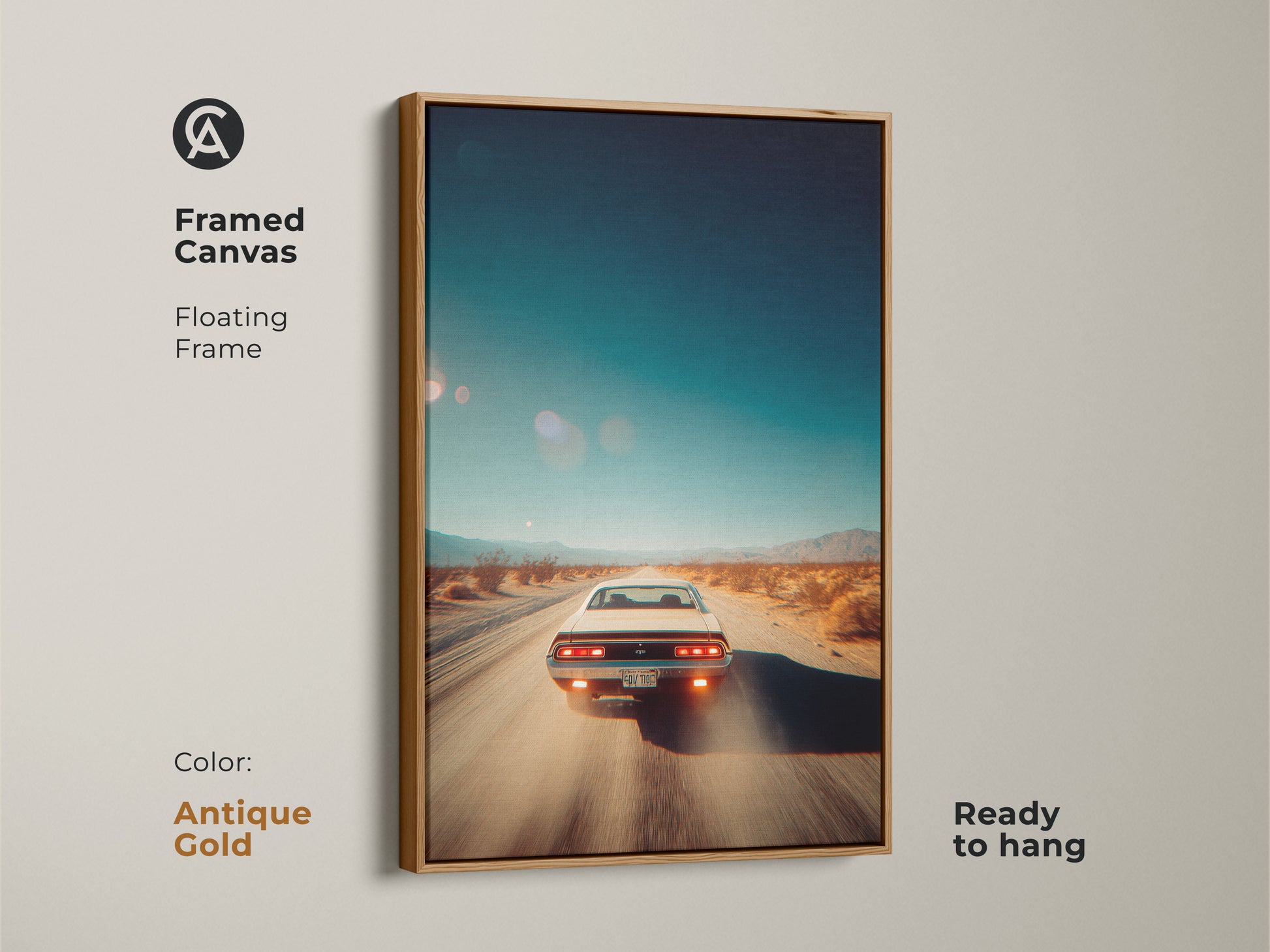 Antique gold framed canvas artwork displaying a vintage car on a desert highway. The floating frame adds a luxurious touch. This ready-to-hang artwork is ideal for car enthusiasts. Elevate your home decor with this gold framed art piece.