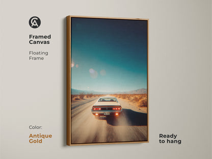 Antique gold framed canvas artwork displaying a vintage car on a desert highway. The floating frame adds a luxurious touch. This ready-to-hang artwork is ideal for car enthusiasts. Elevate your home decor with this gold framed art piece.