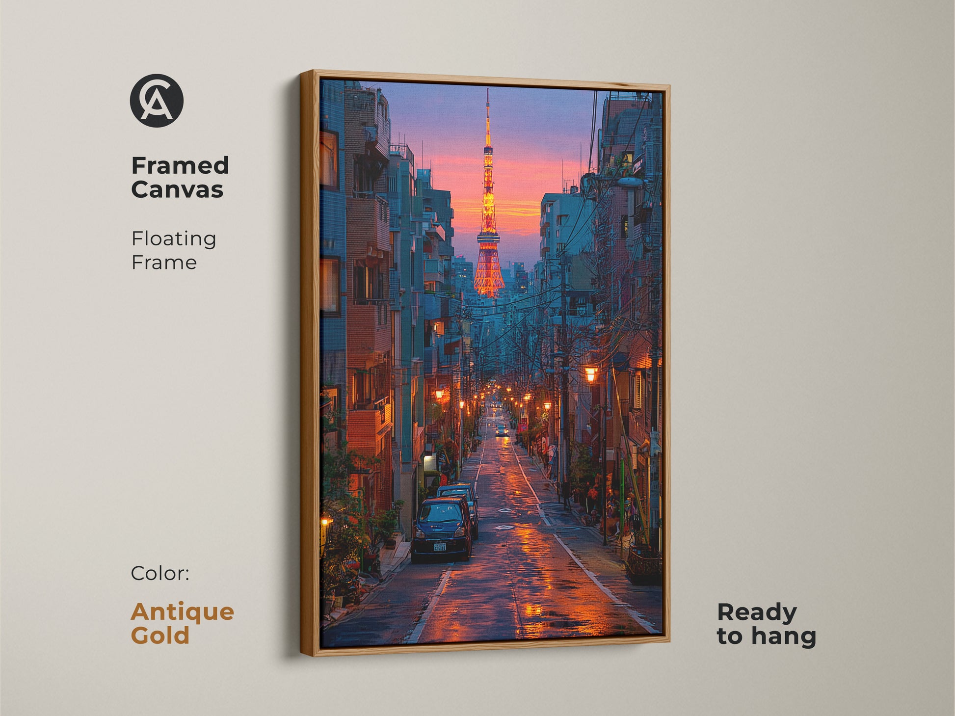 Framed canvas art print of the Tokyo cityscape with an antique gold floating frame. Urban scene decor with deep blue and orange art creates a contemporary feel. The perfect housewarming gift. This travel-inspired artwork adds a modern touch to any room. The art is ready to hang.