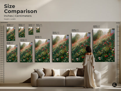 Size comparison of boho poppy field wall art. See how the artwork fits above a sofa. Visualize different sizes of the dreamy impressionistic landscape. Find the perfect red flower artwork to complement your living space.