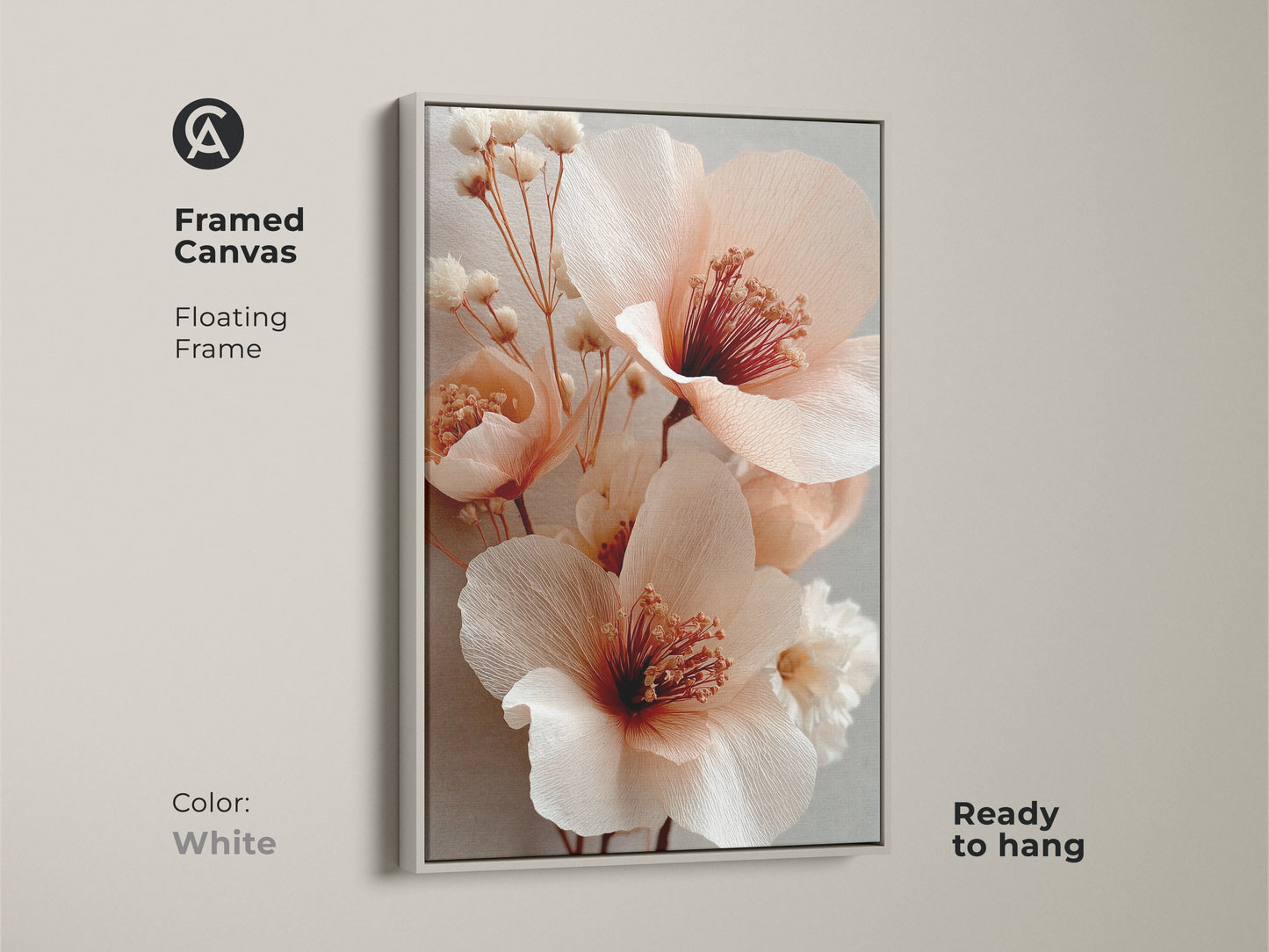 Framed blush pink peony art with a white floating frame. The boho botanical canvas offers soft flower artwork. Light gray accents enhance the coral peony blossoms. Perfect for a feminine bedroom or living room. An elegant housewarming gift.