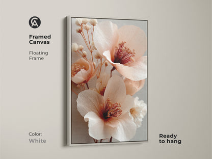 Framed blush pink peony art with a white floating frame. The boho botanical canvas offers soft flower artwork. Light gray accents enhance the coral peony blossoms. Perfect for a feminine bedroom or living room. An elegant housewarming gift.
