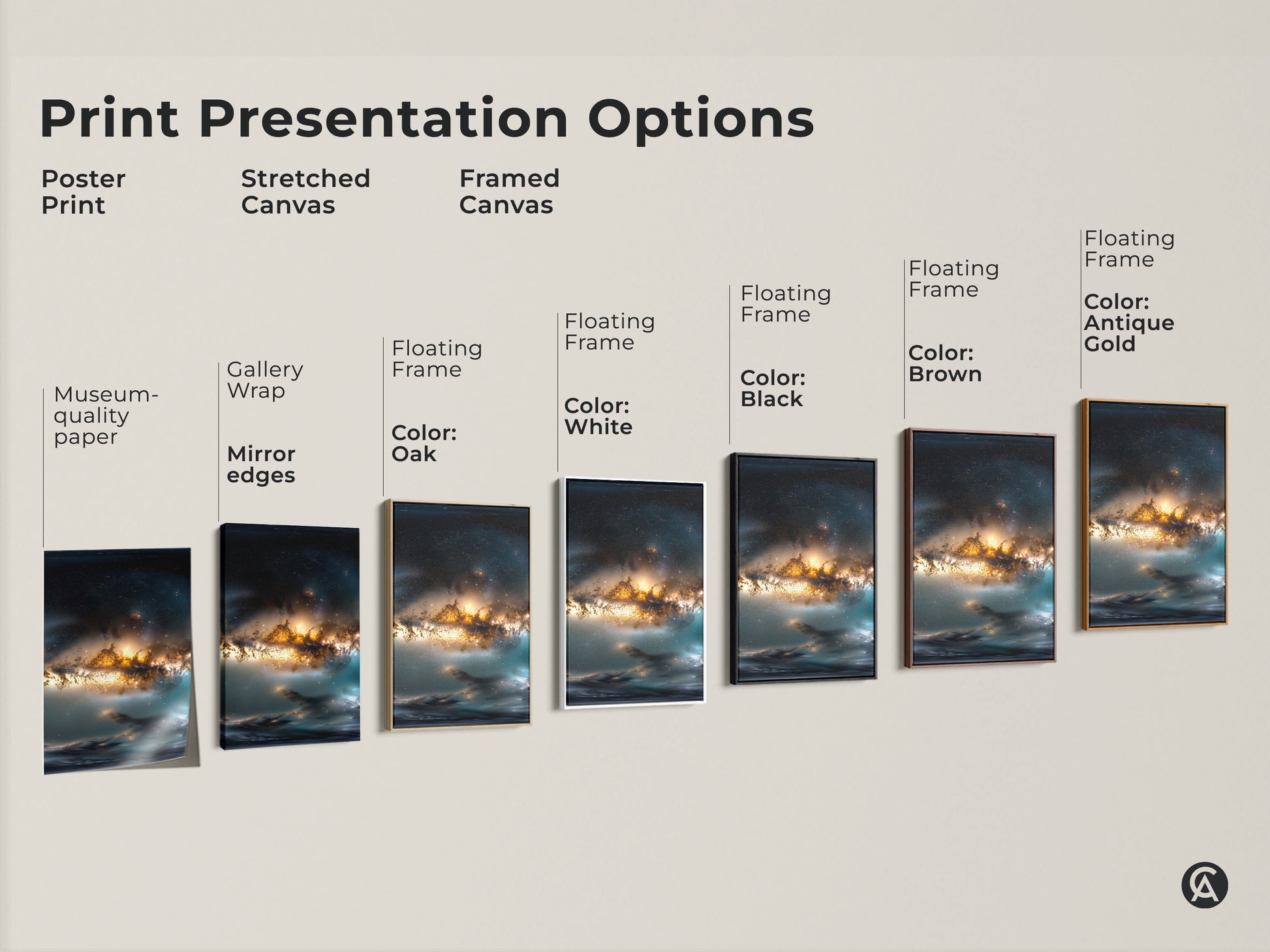 Explore print presentation options for space nebula artwork. Choose from poster prints stretched canvas or framed canvas. Each option enhances the beauty of the cosmic art. Find the perfect presentation to suit your style and decor needs.