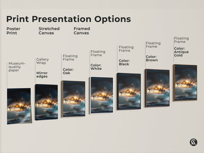 Explore print presentation options for space nebula artwork. Choose from poster prints stretched canvas or framed canvas. Each option enhances the beauty of the cosmic art. Find the perfect presentation to suit your style and decor needs.