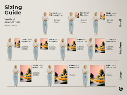 Sizing guide for vertical orientation. This canvas and poster is available in small medium and large sizes. Various sizes are modeled to help you choose the perfect fit for your space.