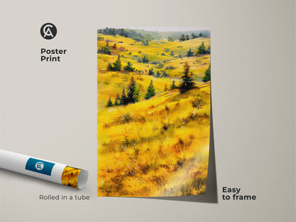 Poster print featuring an impressionistic landscape. The artwork shows golden hills and green trees. Rolled in a tube for easy framing. Perfect nature scenery artwork for any room. Add a touch of scenic beauty to your home decor.
