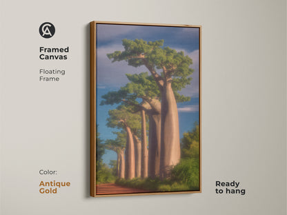 Framed canvas with an antique gold frame. It features realistic Baobab trees. This African landscape wall art enhances boho decor. Ready to hang this nature painting makes a unique housewarming gift.