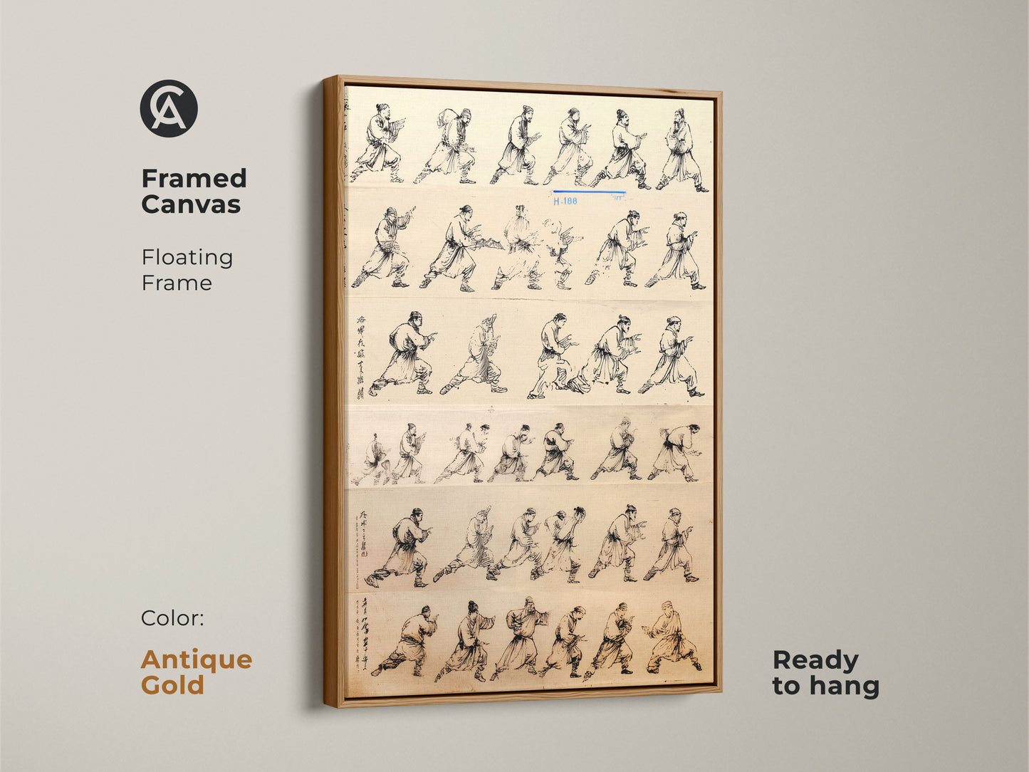 Antique gold framed canvas featuring minimalist ink wash art. The martial arts action poses wall decor is ready to hang. Sepia tone artwork adds a touch of historical elegance. Perfect as a study room or office gift. This unique art print is a great addition to minimalist and traditional decor styles.