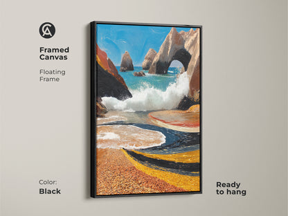 Framed canvas features a coastal archway with ocean waves. The beach print has textured aqua and orange tones. The blue landscape adds a refreshing touch. The floating frame is black. It's ready to hang. Ideal for residential ocean artwork.