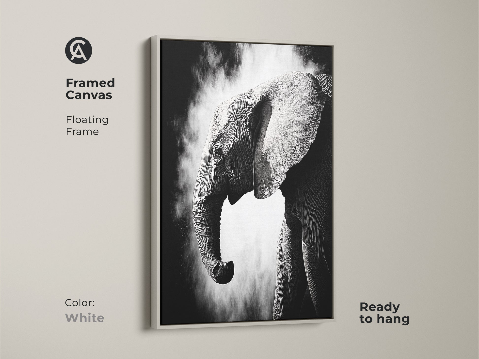 White framed canvas displaying a monochrome elephant artwork ready to hang. This high-contrast wildlife print offers a minimalist touch. The floating frame enhances the contemporary animal wall decor. Ideal for nature-inspired wall art.