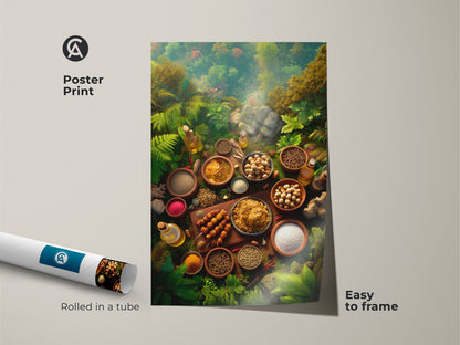 A rolled poster print displays a detailed artwork of spices and ingredients. It is nestled in a vibrant jungle setting. This easy-to-frame culinary art poster brings a touch of nature indoors. The print captures the essence of fresh ingredients. Perfect for kitchen or dining room decor. Enhance your space with this unique art.