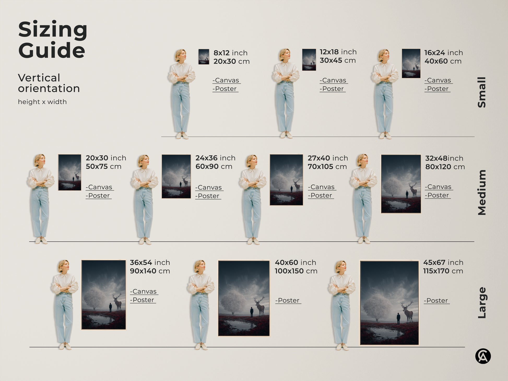 Sizing guide for vertical art prints. Visualize canvas and poster sizes. This surreal deer landscape art fits perfectly in any room. Find the ideal dimensions to enhance your space with this mystical fantasy wall art decor.