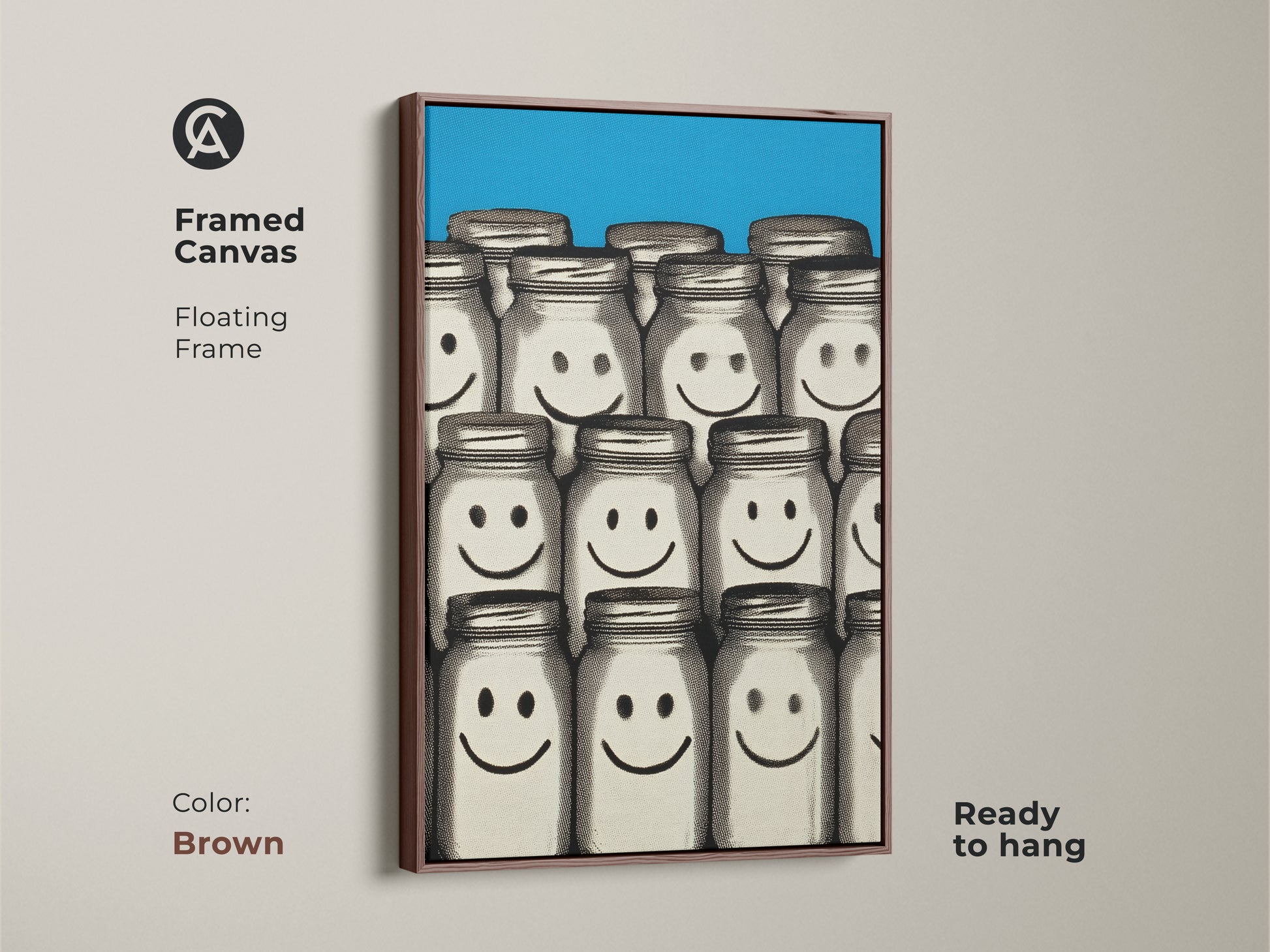 Framed Canvas with a brown floating frame featuring Smiley Face Jar retro pop art. Blue abstract artwork is ready to hang adds a contemporary touch. This playful home decor is a great gift idea for any art lover. Perfect as a unique office decor piece.
