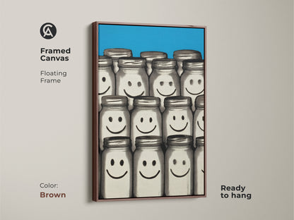 Framed Canvas with a brown floating frame featuring Smiley Face Jar retro pop art. Blue abstract artwork is ready to hang adds a contemporary touch. This playful home decor is a great gift idea for any art lover. Perfect as a unique office decor piece.