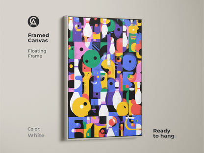 Framed Canvas Print with a floating frame. Geometric Abstract Wall Art in retro bowling style. This colorful eclectic decor is ready to hang. Ideal for a game room or office. The frame is white.