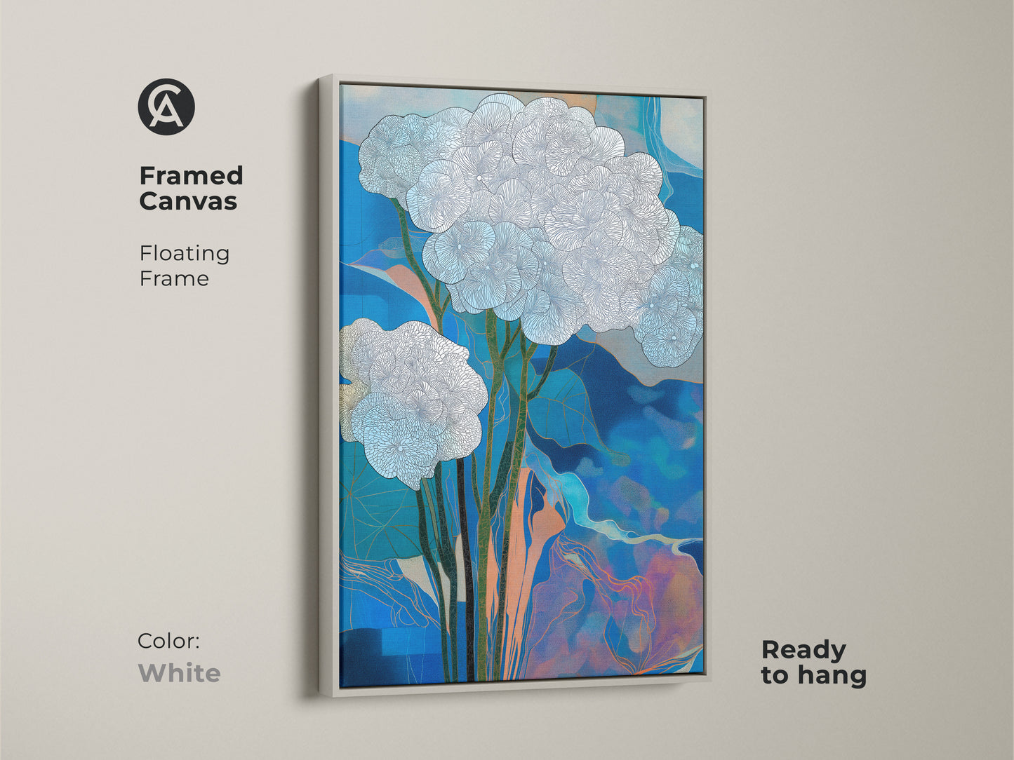 Framed canvas with white floating frame showcasing abstract cloud floral wall art. Contemporary nature artwork adds a serene touch. Ready to hang for easy decor. Ideal for modern homes and housewarming gifts. Shop now.