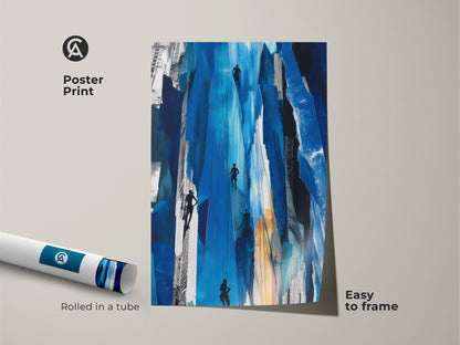 Poster print of 'Urban Climber Blue Print' abstract art. The modern abstract canvas is rolled in a tube for easy framing. Its cobalt blue wall art is museum-quality. It’s a unique office art piece and a gift for urban explorers. Bring adventure to your walls.