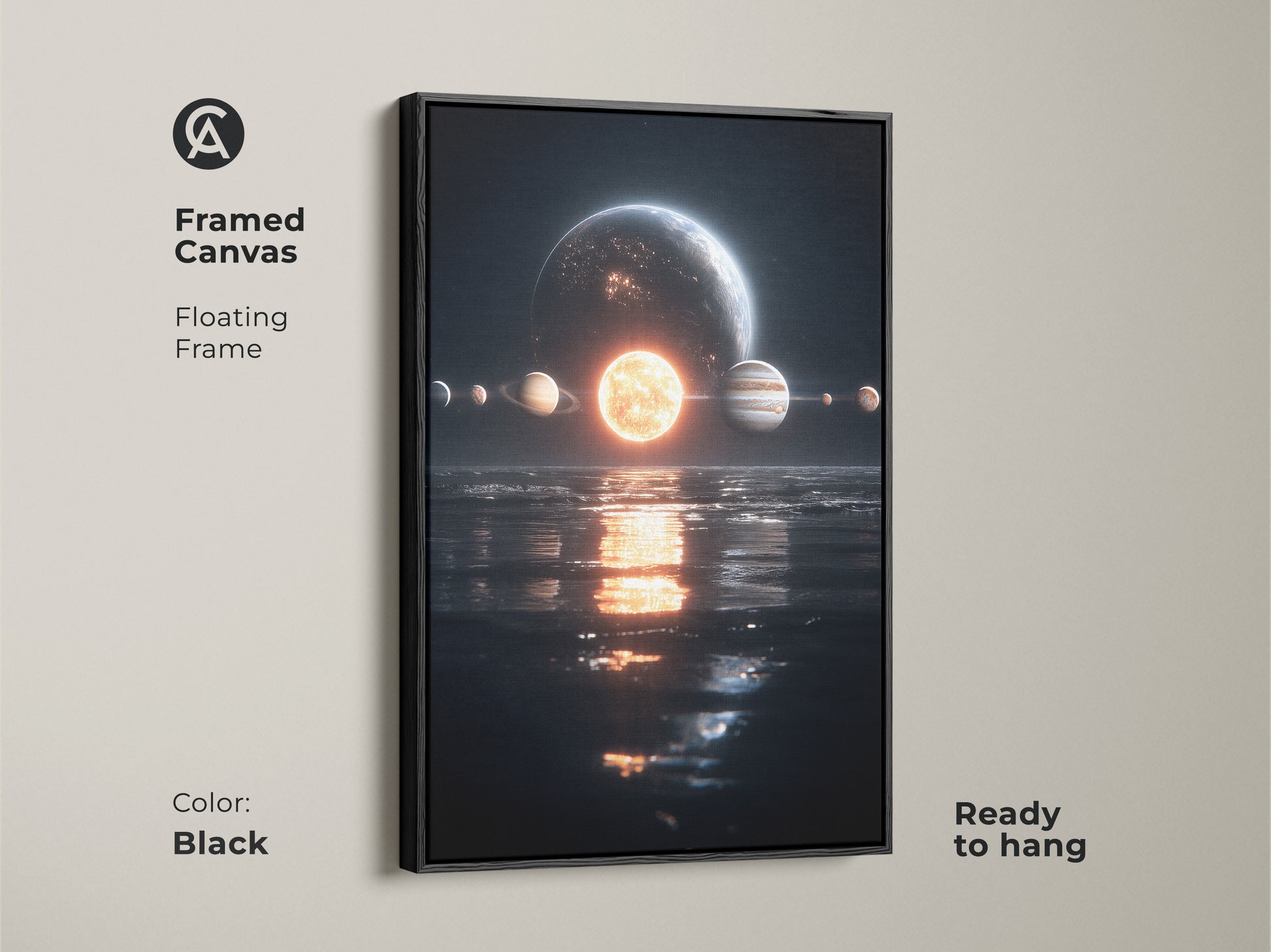Framed canvas of planets aligned above water. The floating frame is black. This ready to hang art is a beautiful addition to any room. The space art is a great conversation starter.