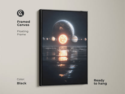 Framed canvas of planets aligned above water. The floating frame is black. This ready to hang art is a beautiful addition to any room. The space art is a great conversation starter.