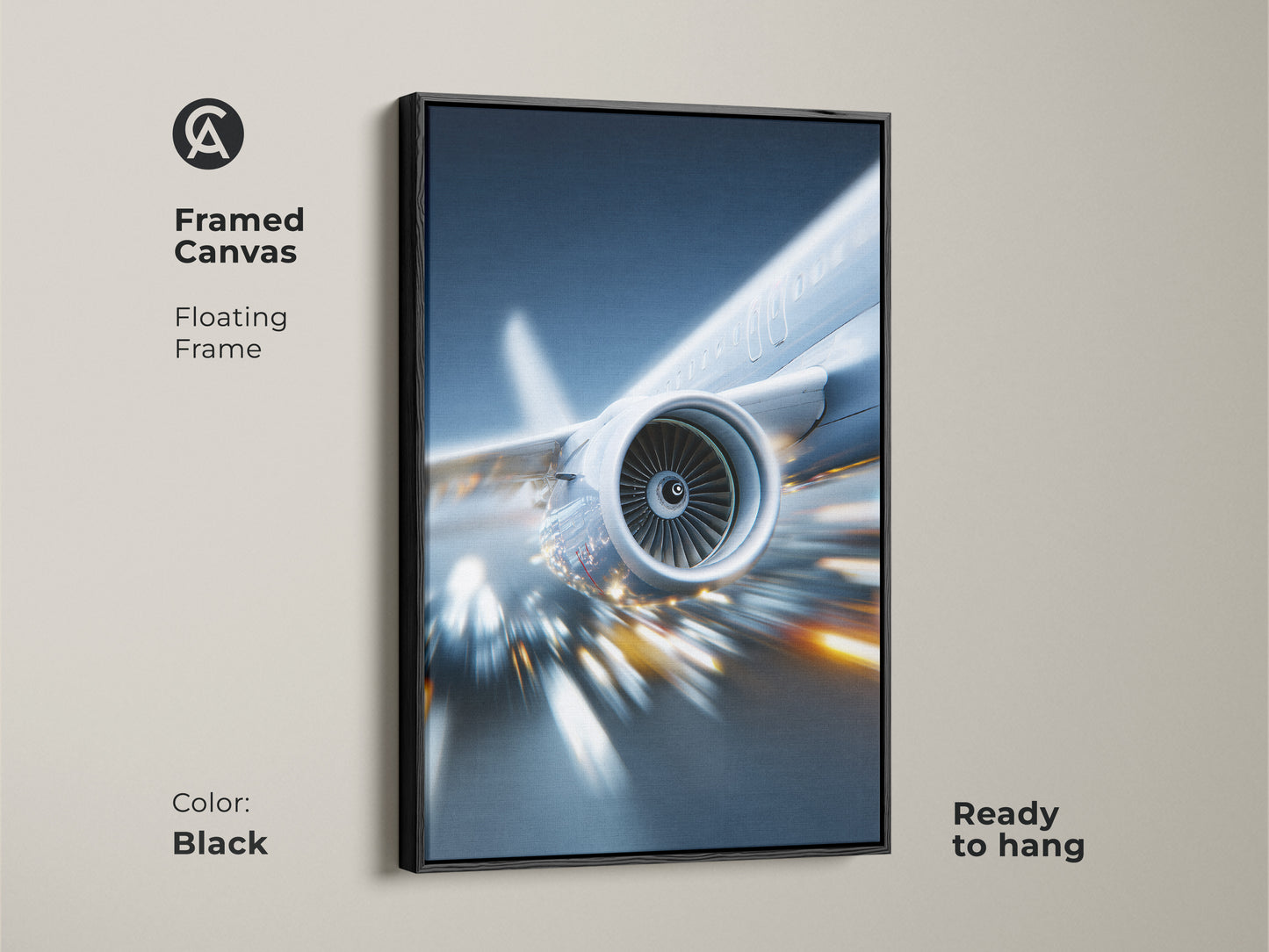 Black framed canvas featuring a floating frame showcasing jet engine art. This ready-to-hang aviation print embodies a modern aesthetic. Perfect for contemporary and futuristic decor styles.